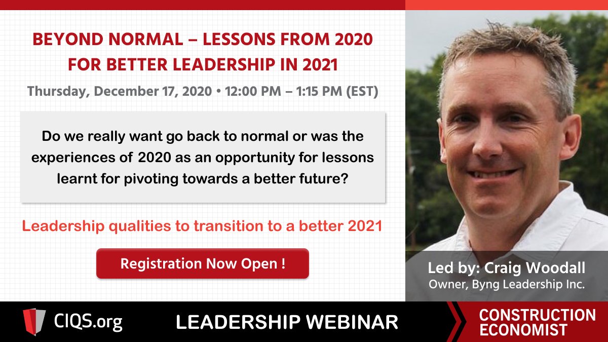 CIQS_Official's tweet image. Last chance to register for the “#BeyondNormal – Lessons from 2020 for Better #Leadership in 2021” #webinar featuring industry expert Craig Woodall on Thursday, December 17. Registration closes on Wednesday, December 16 at 12:00 p.m.

Register now! 🎟 eventbrite.ca/e/beyond-norma….