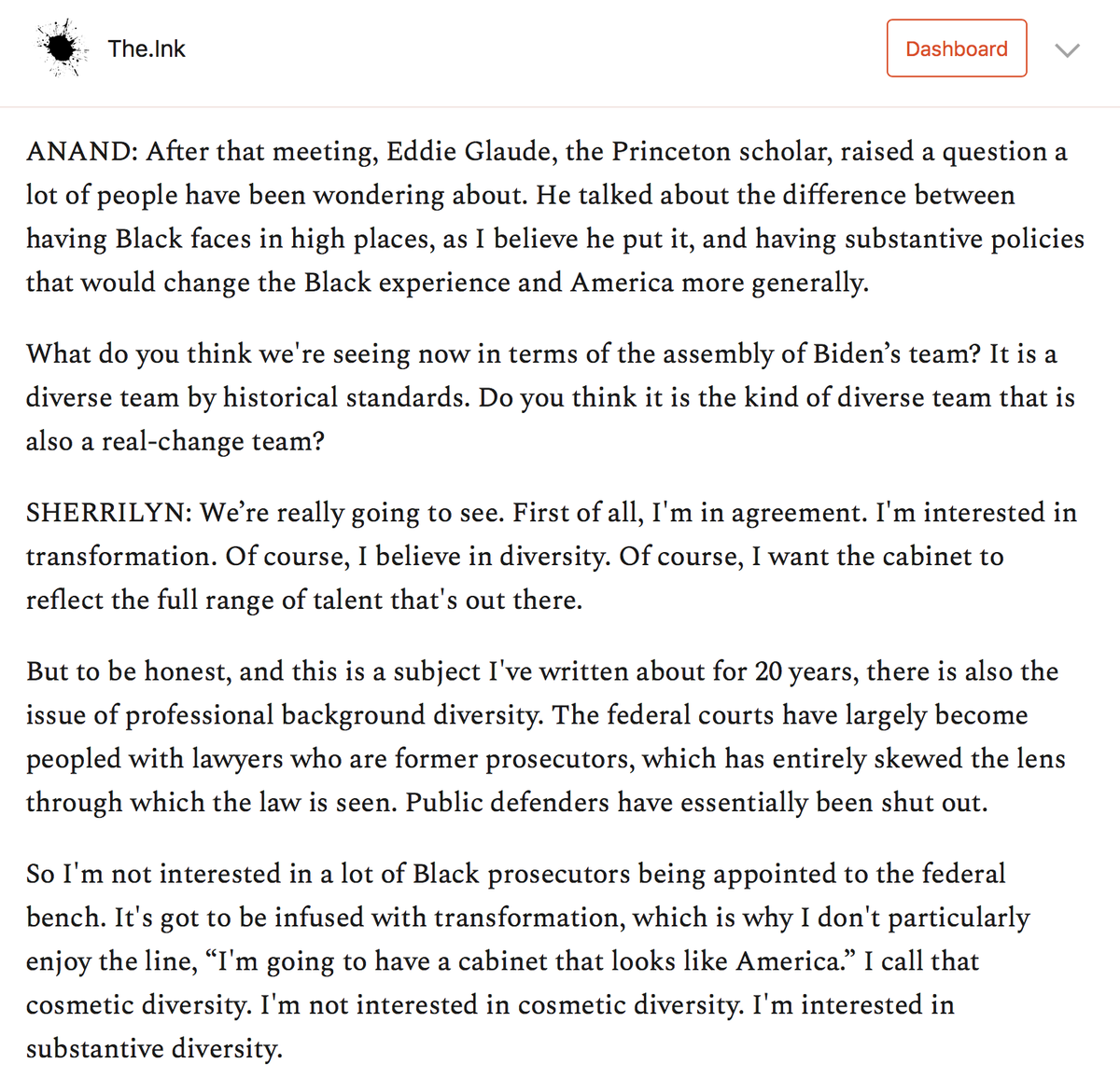 I asked Sherrilyn about  @esglaude's recent distinction between a diverse cabinet with "Black faces in high places" and a diverse cabinet that is also a real-change cabinet.She didn't mince words. https://the.ink/p/justice-after-trump