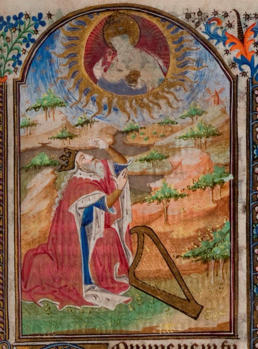 The Penitential Psalms begin with a miniature of King David, kneeling with a harp, hands raised to shield his eyes from the vision of God above. Scene inspired by Psalm 26 ‘Vindicate me, Lord, for I have led a blameless life …’ Is that a windmill in the background?  #BookofHours