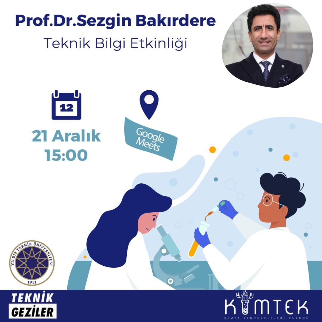 Bu sene ilk kez gerçekleştireceğimiz Teknik Bilgi ile karşınızdayız🙌🏻

İlk konuğumuz kendi araştırma grubu ile yaptığı çalışmalarla çokça duyduğumuz Prof. Dr. Sezgin Bakırdere <a href="/SezginBakirdere/">Prof. Dr. Sezgin Bakırdere</a> 

Hocamız çalışmaları ve laboratuvar hakkında bilgi verecek.

Kayıt linki Bio’dadır 💛