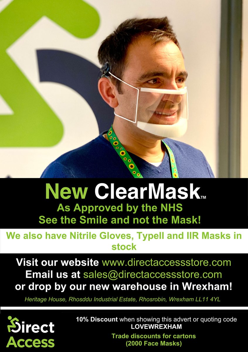 love_wrexham's tweet image. Face masks and PPE for the public and trade.
10% discount when quoting 'Love Wrexham'!
Trade discounts for cartons of 2,000 face masks.
Visit directaccessstore.com, send an email to sales@directaccess.com or visit their new warehouse on Rhossdu Industrial Estate.
