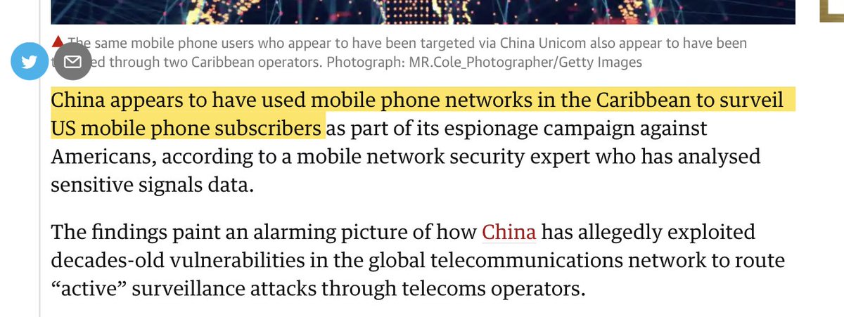 NEW: China has been conducting mass surveillance on Americans' phones by exploiting the chronically-vulnerable SS7 system. Scoop by  @skirchy Explainer THREAD  https://www.theguardian.com/us-news/2020/dec/15/revealed-china-suspected-of-spying-on-americans-via-caribbean-phone-networks
