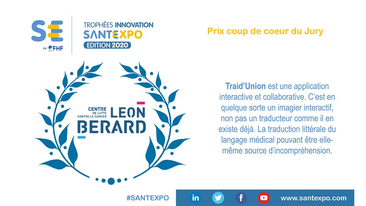 parisSANTEXPO's tweet photo. [Trophées Innovation #SANTEXPO]

👏Félicitation à Traid'Union (@CLCCLeonBerard) pour avoir remporté le coup de ❤ du Jury !

Suivez la remise en direct ➡https://t.co/fb5M8khG8G https://t.co/QSmvGagDDl