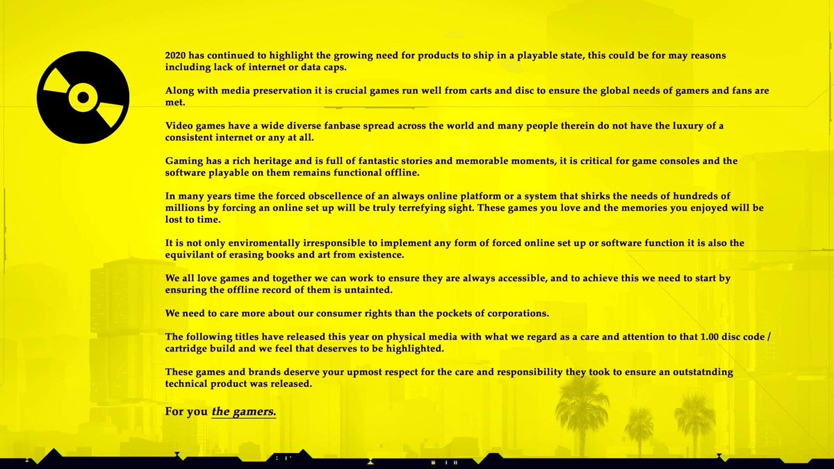 A Message to supporters of accessibility and media preservation. And Below is a selection of titles released on physical media this year in a commendable state that we would have no issue recommending. 