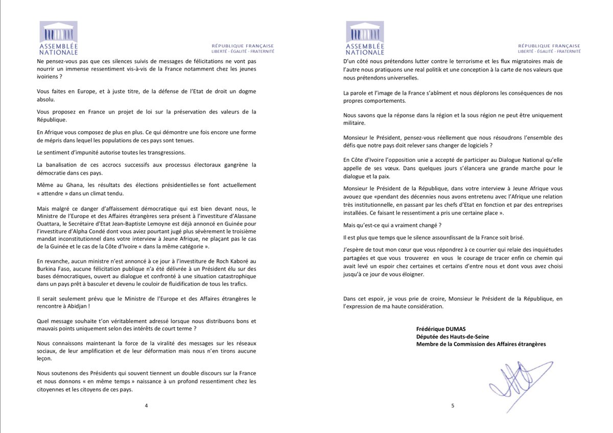 DumasFrederique's tweet image. J’ai écrit à @EmmanuelMacron pour lui demander de nous éclairer sur les principes qui fondent la dénonciation par la France des violations des droits humains et de l’Etat de droit dans un pays plutôt qu’un autre. Deux poids deux mesures. #Afrique