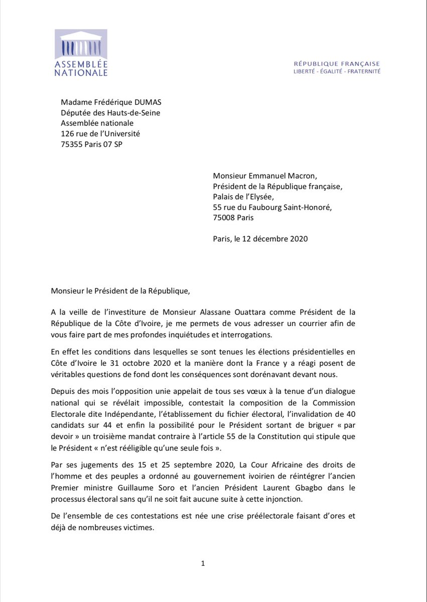 DumasFrederique's tweet image. J’ai écrit à @EmmanuelMacron pour lui demander de nous éclairer sur les principes qui fondent la dénonciation par la France des violations des droits humains et de l’Etat de droit dans un pays plutôt qu’un autre. Deux poids deux mesures. #Afrique