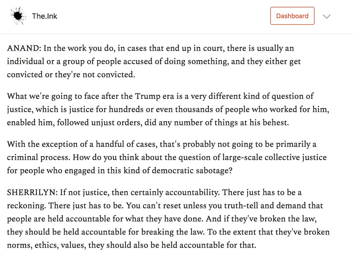 Now we get to the heart of this interview, where, more clearly than I've seen yet,  @Sifill_LDF lays out a three-pronged program for justice and accountability after Trump.I would summarize it as:1. Criminal justice2. Truth and reconciliation3. Institutional accountability