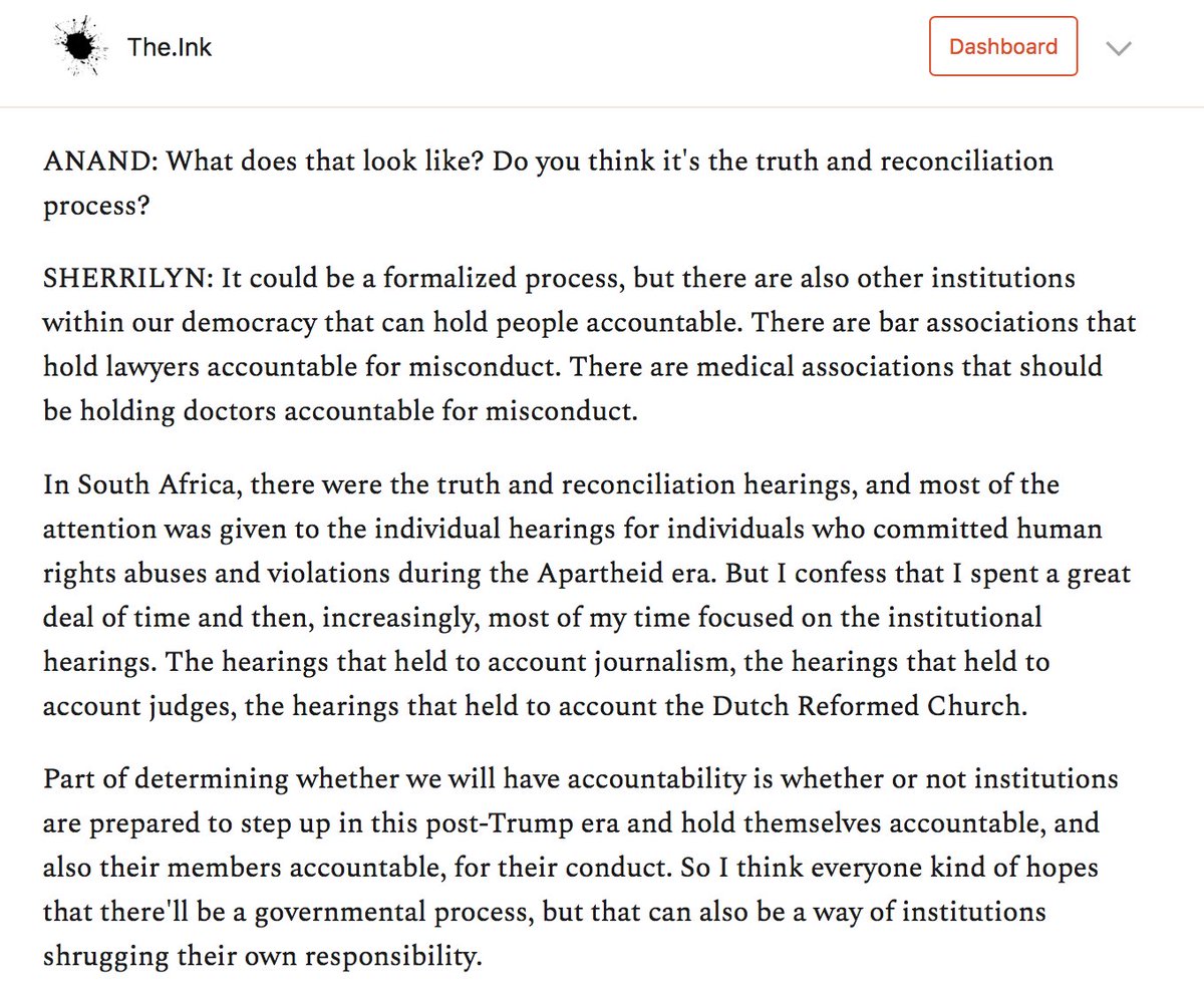 Now we get to the heart of this interview, where, more clearly than I've seen yet,  @Sifill_LDF lays out a three-pronged program for justice and accountability after Trump.I would summarize it as:1. Criminal justice2. Truth and reconciliation3. Institutional accountability