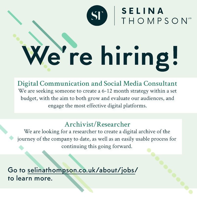 📣📣📣 We have two jobs open for applications at Selina Thompson Ltd 📣📣📣
selinathompson.co.uk/about/jobs/