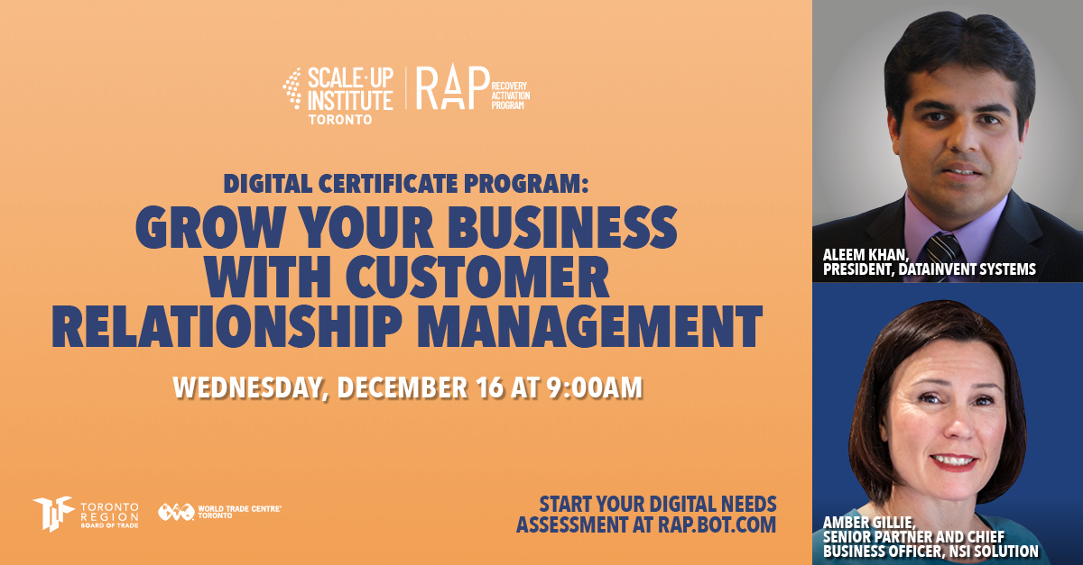 datainvent's tweet photo. Grow your business with Customer Relationship Management (CRM). We are delivering another #RAP Digital Certificate course tomorrow (Dec 16, 2020) hosted by Toronto Region Board of Trade #DataInvent #crm #dynamics365 #Toronto @TorontoRBOT https://t.co/1UFrOm9TFO