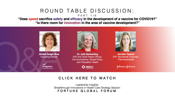 CLICK: bddy.me/3gP8Ptr to watch Part 1/6 of the Round Table Discussion: "Does speed sacrifice safety in the development of a #COVID19Vaccine?" w/ Jennifer Taubert (@JNJGlobalHealth), <a href="/JulieGMD/">Julie Gerberding</a> (<a href="/Merck/">Merck</a>), <a href="/ShidehInsigniam/">Shideh Sedgh Bina</a> (<a href="/Insigniam/">Insigniam</a>). More to come in January 2021.