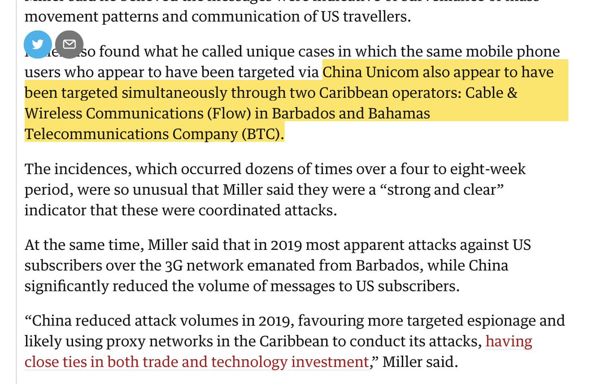 4. China may be pivoting to using Caribbean countries' networks as a proxy continue spying on Americans. Context: well-known in industry that some UK Channel Islands, Caribbean countries, and a few in EU are super-permissive, and have become havens for foreign SS7 abuse.