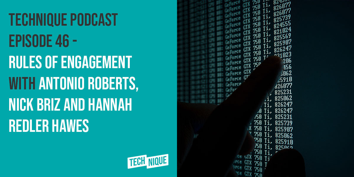 TECHniqueUK's tweet photo. Episode 46 of the podcast is here! @dickyadams speaks to @hellocatfood, @NBriz and @hannah_redler about the @ODIHQ's 'Rules of Engagement' exhibition.
They talk about #ethics and #bias when collecting and using #data. Listen and subscribe on iTunes, here: https://t.co/G79qfjDIwR https://t.co/QvzgBPfsdk