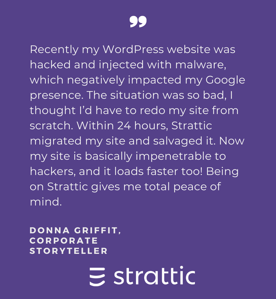 StratticWeb's tweet photo. Donna Griffit, Corporate Storyteller,  gains website security and peace of mind thanks to Strattic’s unique static hosting platform. 
#websitesecurity #staticWordPress #statichosting https://t.co/J1xQIuRnJU
