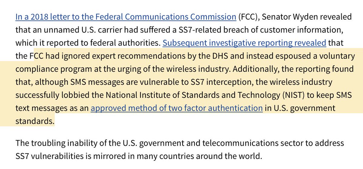 6.Toplines:-Americans & USG is vulnerable to SS7-being spied on by China, other foreign Govs-industry knows it- @DHSgov has been warning about it-Some in congress like  @RonWyden are raising the alarm-perplexingly  @FCC, who owns this, is slow-walking