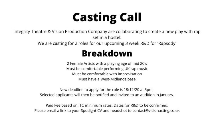 unhingedprodldn's tweet image. 🚨 Paid Casting Call 🚨

✨Final week for submissions ✨

Looking for West Midlands based Actresses/Rappers with improvisational skills for the R&amp;amp;D stage of our new play Rapsody!

Deadline THIS Friday 18th.

Please RT ♻️