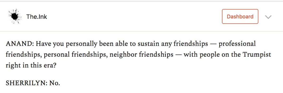 I asked  @Sifill_LDF whether she has been able to maintain friendships across the chasm of Trumpism. She was concise. https://the.ink/p/justice-after-trump