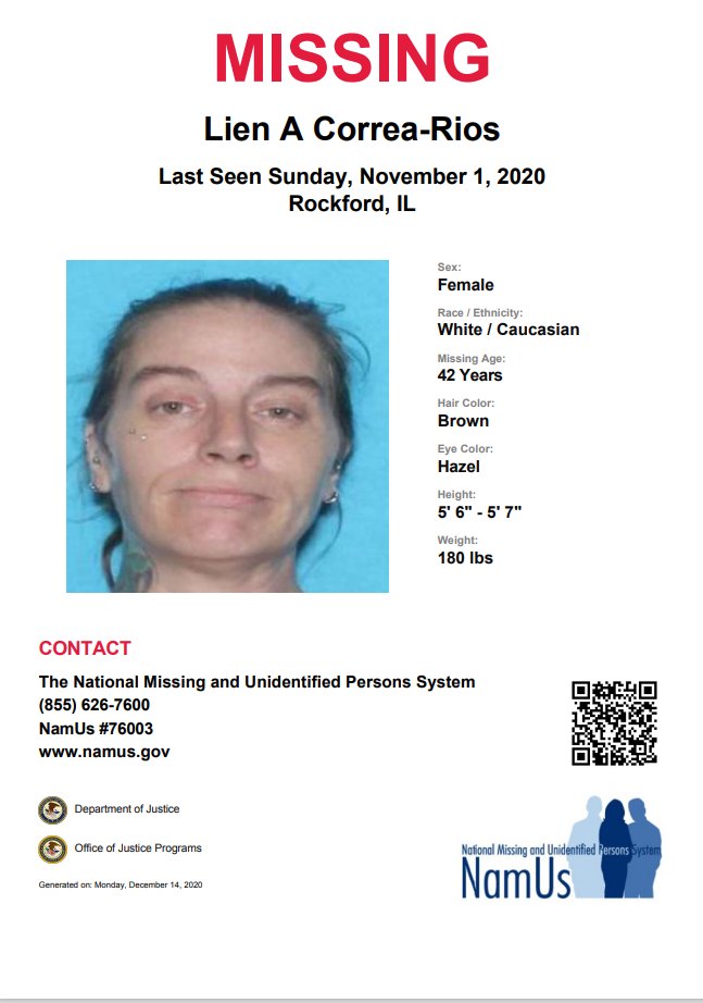 Lien Correa-Rios was last seen on November 1, 2020, in Rockford, Illinois. More information regarding her disappearance can be found in her #NamUs case file: namus.gov/MissingPersons…