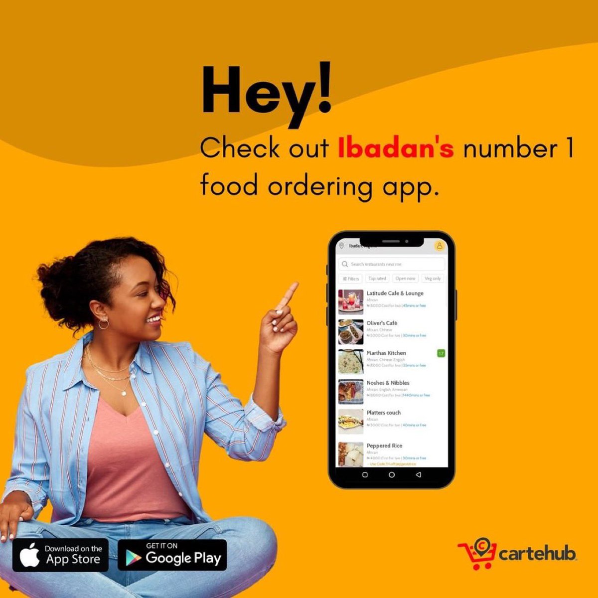 cartehubadmin's tweet photo. All your favorite restaurants in Ibadan are on Cartehub Cuisines.⁣⁣
⁣⁣
Download the app. Find a preferred restaurant. Order food. Get it delivered to you in minutes. Finito! ⁣⁣
⁣⁣
Begin here: https://t.co/Trz7lusgnS 
⁣⁣⁣⁣⁣⁣⁣⁣⁣⁣#cartehubcuisines https://t.co/MPGqzN9114