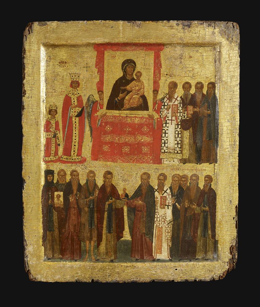 67. Icon of the Triumph of OrthodoxyIn the 800s, the Byzantines were losing to the Muslims. They worried it was because of religious imagesA police officer climbed a ladder to remove an image of ChristSt. Theodosia (lower left) pushed the ladder away, killing him