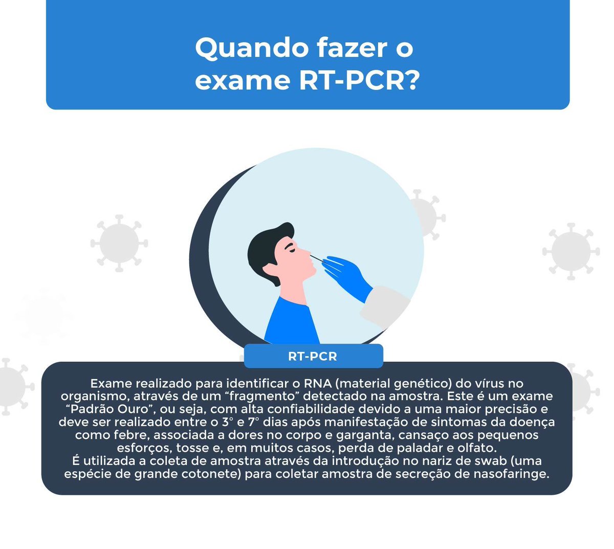 Saiba quando fazer o exame RT-PCR.
Também pode ser realizado por quem teve contato com alguém, sabidamente positivo, e quer investigar se foi contaminado pelo vírus.