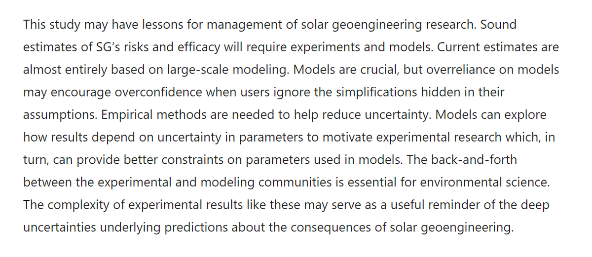 2/n  @ZhenDai30's paper concludes with three examples of other straightforward examples of experiments that could reduce important uncertainties about predictions for solar geoengineering aka solar climate intervention. Concluding section. Final para below