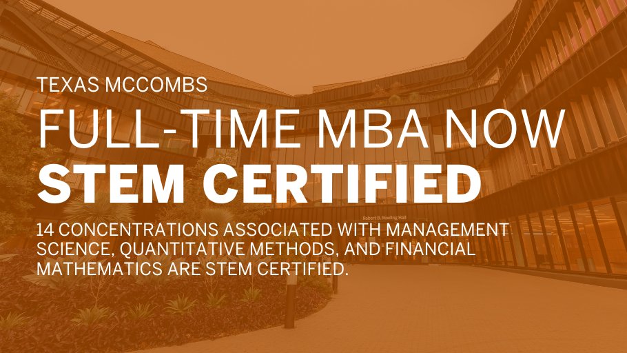Texas McCombs (@utexasmccombs) on Twitter photo Texas McCombs is thrilled to announce 14 of our 22 concentrations in our full-time <a href="/UTexasMBA/">Texas McCombs MBA</a> program are now #STEM (science, technology, engineering, math) certified, demonstrating a level of quantitative rigor across the MBA program. Learn more at bit.ly/3mjrWwP Texas McCombs is thrilled to announce 14 of our 22 concentrations in our full-time <a href="/UTexasMBA/">Texas McCombs MBA</a> program are now #STEM (science, technology, engineering, math) certified, demonstrating a level of quantitative rigor across the MBA program. Learn more at bit.ly/3mjrWwP