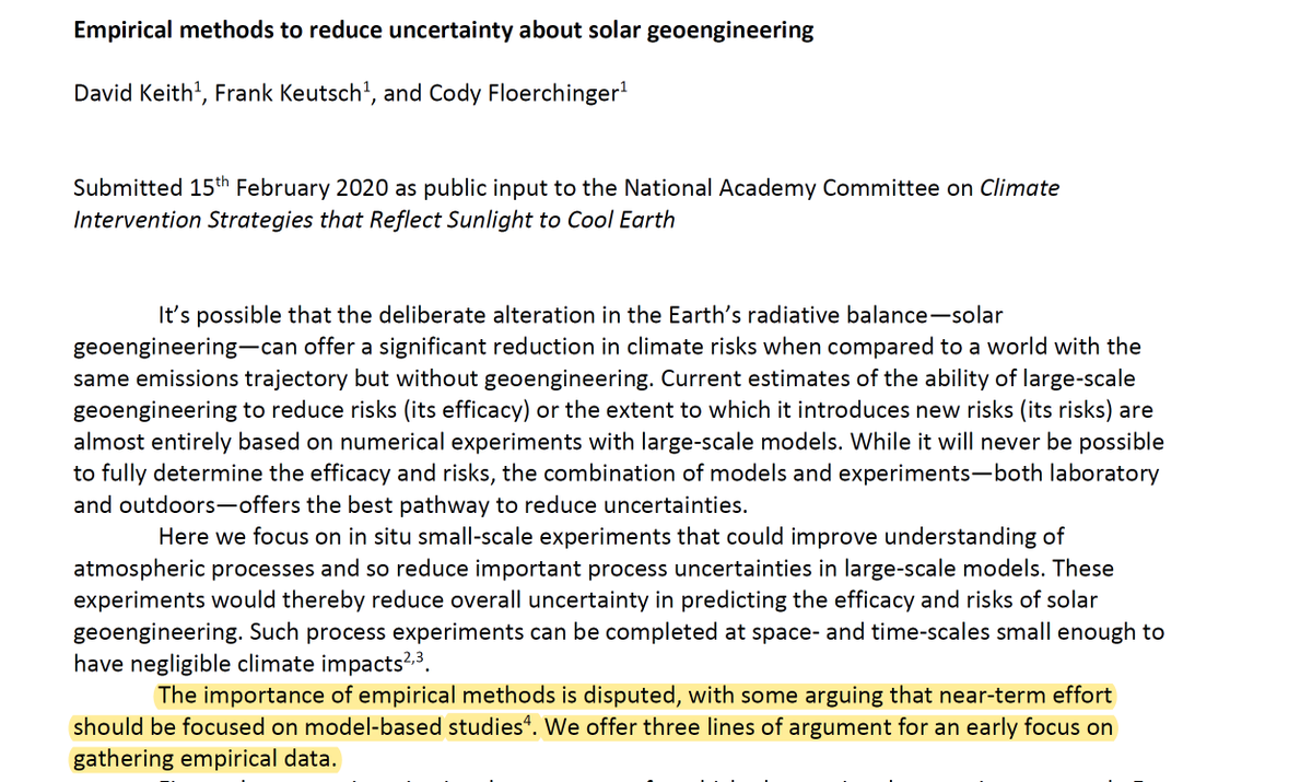 4/n Some argue that physical science work on solar geoengineering climate intervention should concentrate on applying existing models. Exclusive reliance on models promotes overconfidence. Our case for empirical research prepared for the NAS:  https://keith.seas.harvard.edu/files/tkg/files/keith_keutsch_floerchinger_emperical_srm_for_nas.pdf