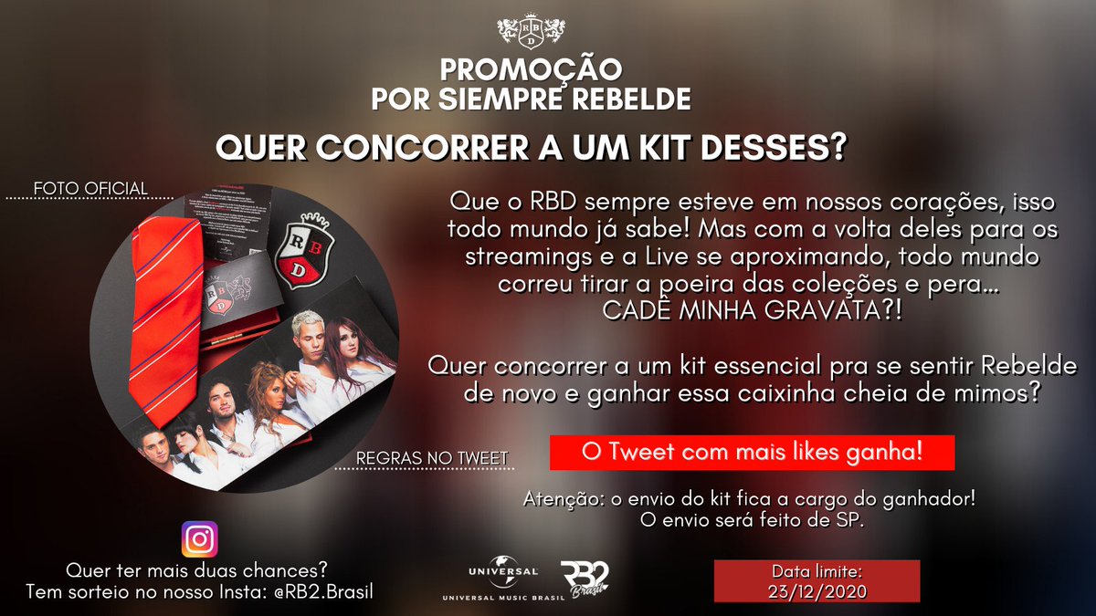 RB2Brasil's tweet photo. PROMOÇÃO POR SIEMPRE REBELDE - TWEET OFICIAL

- Estar seguindo o @RB2Brasil a @umusicbrasil e o @RBD_Oficial

- Citar o tweet oficial da promoção junto com um print seu ouvindo “Siempre He Estado Aqui” no seu streaming preferido.

O Tweet com mais likes ganha!

BOA SORTE!✨ https://t.co/JCddMEN8M4