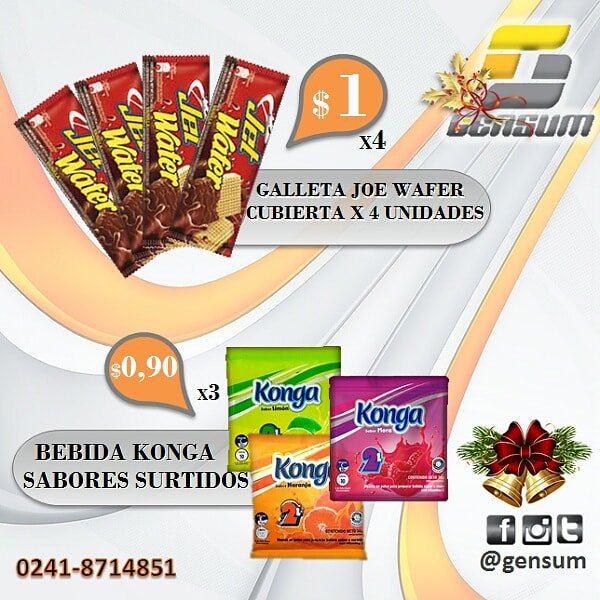 🔸 COMBO DE 4 WAFER JOE EN $ 1
🔹 BEBIDA KONGA LIMÓN, MORA Y NARANJA
▪¤
📭Estamos ubicados por la Don Julio Centeno de Valencia, frente a Oro Cauchos Láser del Big Low Center.
#gensum #galleta #wafer #chocolate #golosina #bebidas #Konga #ferretería #valencia #carabobo #venezuela
