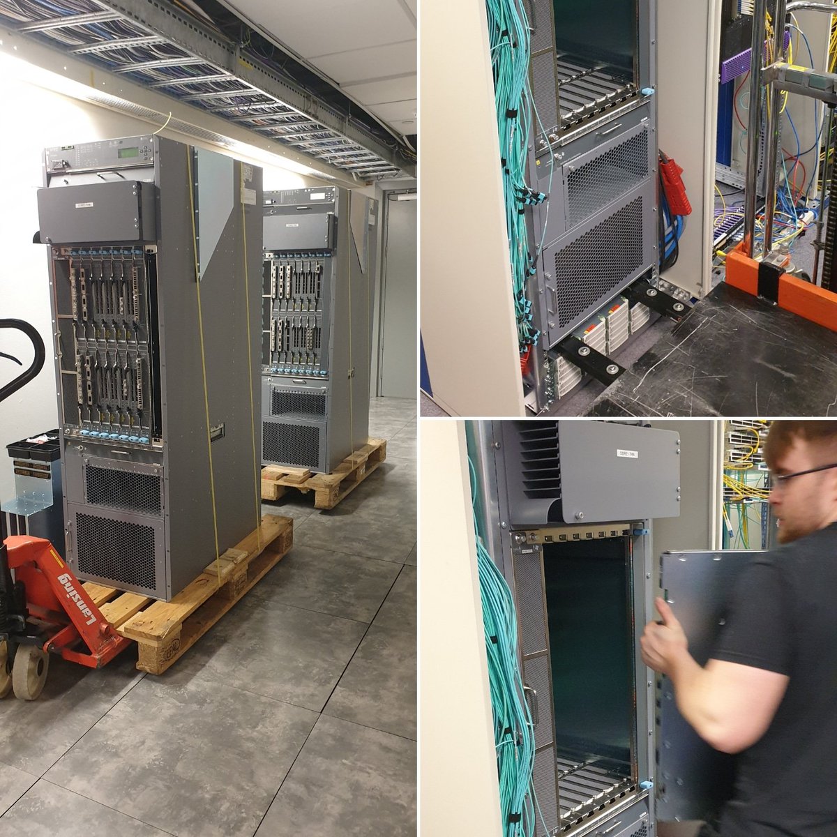 securetrans's tweet photo. 2nd job for the 3 man team in Telehouse. De rack 2 x Juniper Networks PTX5000's. 500kg beasts! All in a mornings work. #juniper #junipernetworks #installations #relocation #computertransport #networkengineer #datacentre #routers https://t.co/E9dkEDDyJH