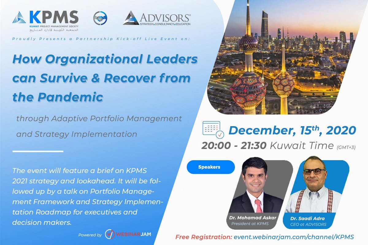 You are cordially invited to today's Kuwait Project Management Society (#KPMS) &amp; #ADVISORS Partnership Kick-off Live Event at 8:00 p.m. Kuwait time (GMT+3).

To reserve your seat: lnkd.in/dxjcFre