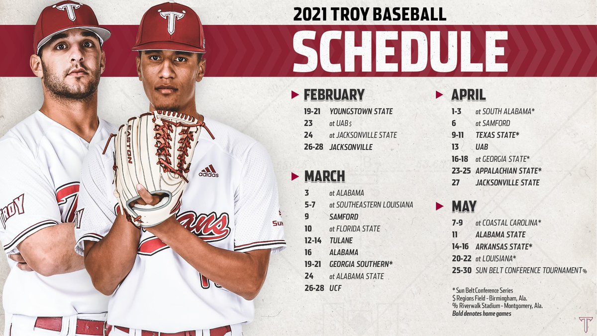 TroyTrojansBSB's tweet photo. The 2️⃣0️⃣2️⃣1️⃣ Troy baseball schedule is here!

📰 https://t.co/XnTCvDu4HZ
📆 https://t.co/l5XAXlLDE3

#theTROYway | #OneTROY ⚔️⚾️ https://t.co/iM4yicHrSo