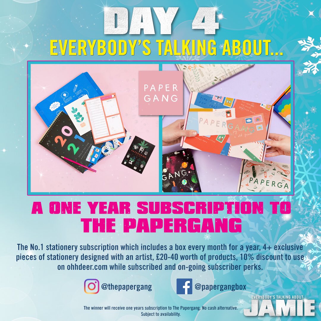 JamieMusical's tweet photo. We are spoiling you as today is Day 4 of #12DaysOfJamie and today’s prize is from The Paper Gang ! Keep telling us your Jamie inspired Christmas songs #JamieLondon https://t.co/hGcuV1WO2U