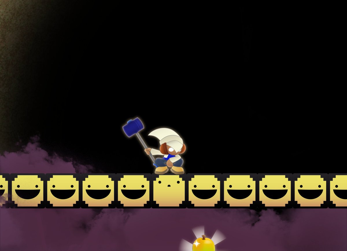 Jam, a dark skinned humanoid with a hammer, squatting on a row of smiling yellow blocks, looking at a shining green mango just below him. 