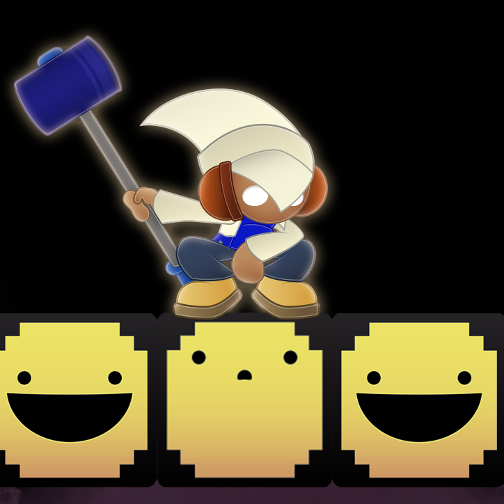 Jam, a dark skinned humanoid with a hammer, squatting on a row of smiling yellow blocks.