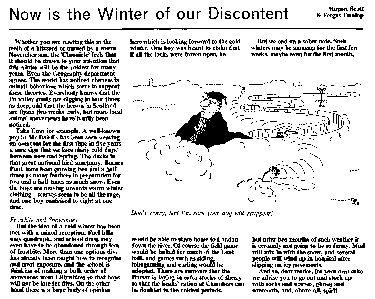 EtonArchives's tweet photo. Despite this concern raised by this article in the Chronicle, the winter of 1974 turned out to be very mild. #FromTheArchive #SchoolWinter #archives https://t.co/fOo4cTj7uO