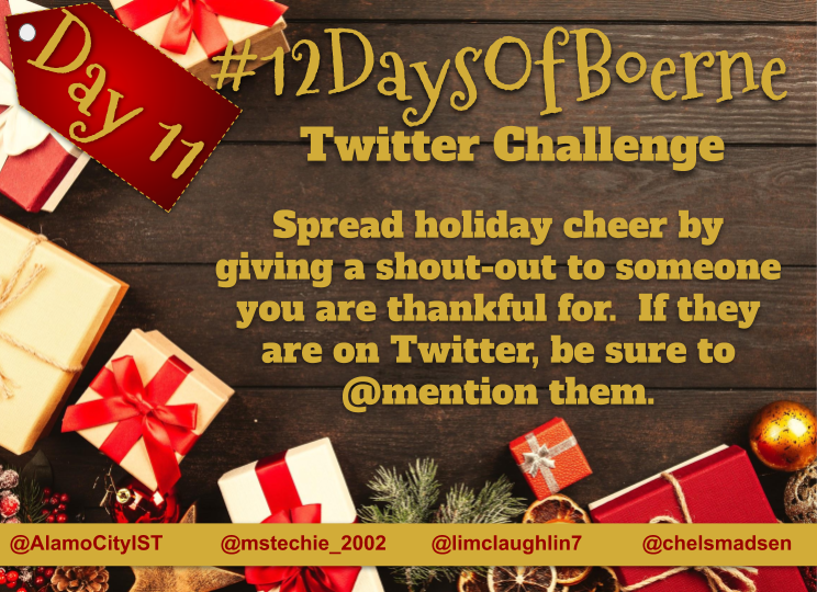 ChelsMadsen's tweet photo. ๐Day 11 of #12DaysOfBoerne๐ Give a shout out to someone you're grateful for this school year. Tomorrow is the final day, then the prize patrol hits the campuses! @limclaughlin7 @mstechie_2002 https://t.co/xFepGaN6z3