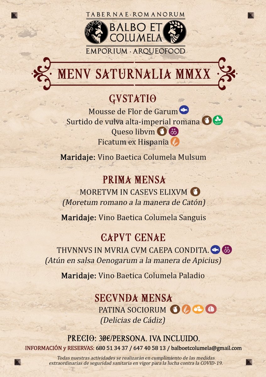 Especial MENÚ DE SATURNALIA en @BalboEtColumela  ¡Reserva tu comida romana para estas fiestas navideñas!

👉 Puedes solicitar más información y realizar reservas a través de los teléfonos 647 40 58 13 y 680 51 34 37 y a través del correo: balboetcolumela@gmail.com