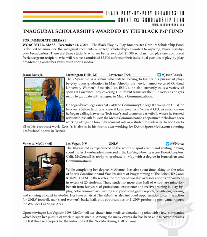 STAAnews's tweet photo. Congratulations to the recipients of the inaugural scholarship and grant from @BlackPxPFund 🖤

Jason Ross Jr. (@JasonRossJr1) – Lawrence Tech
Vanessa McConnell (@VNewz) – UNLV
Alex Perl (@Perl_Alex) – Cal State Northridge
Jared Dillard (@Jared_Dillard) - Auburn https://t.co/uBx4AdVk1Y