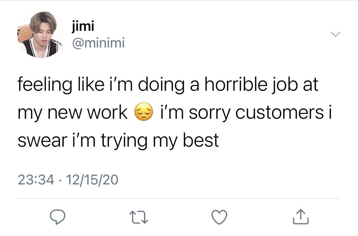 yoonmiiniies's tweet photo. yoonmin au where jimin is a little insecure about his new job as a customer service assistant

enter min yoongi who asks jimin a question everyday just to reassure him that he’s doing a good job https://t.co/HfVOBLCAD5
