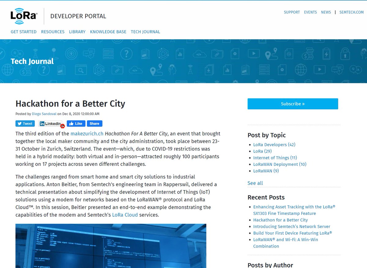 Thanks <a href="/SemtechCorp/">Semtech Corporation</a> for the article about #MakeZurich 2020 featuring the #Arduino lib for Semtech's soft modem by <a href="/2ni/">Denis De Mesmaeker</a>!

tech-journal.semtech.com/hackathon-for-…

#hackathon #lorawan #thethingsnetwork #makers #zurich #civictech