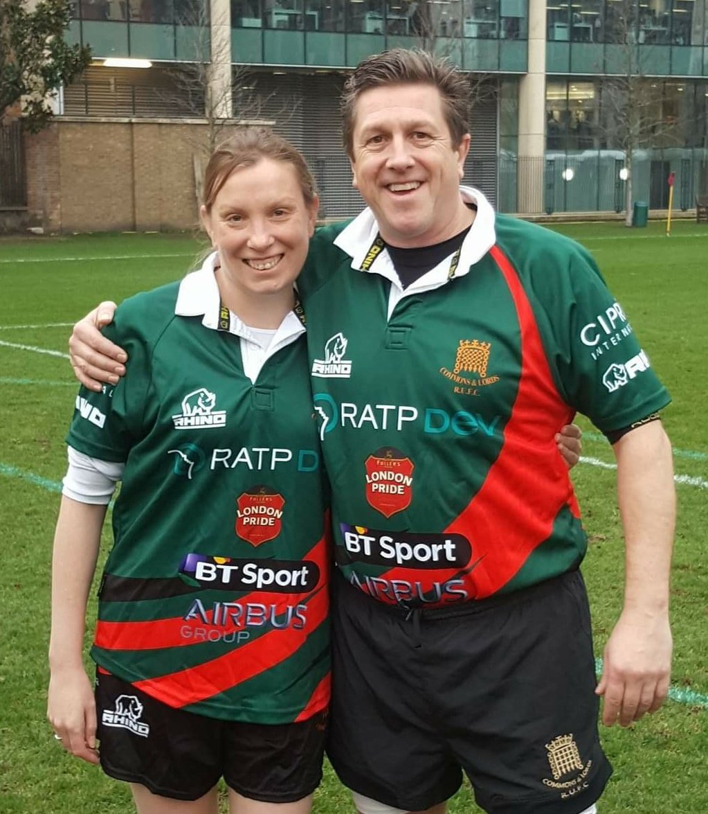 EssexJuggler's tweet photo. I can't believe this was 4 years ago @tracey_crouch , when social distancing didn't even exist and we were raising great charitable funds and awareness with @C_L_Rugby and @RAFRU_Vultures and the legendary @cathspence8 at @HacEvents #RugbyFamily https://t.co/x0dppLOa4X