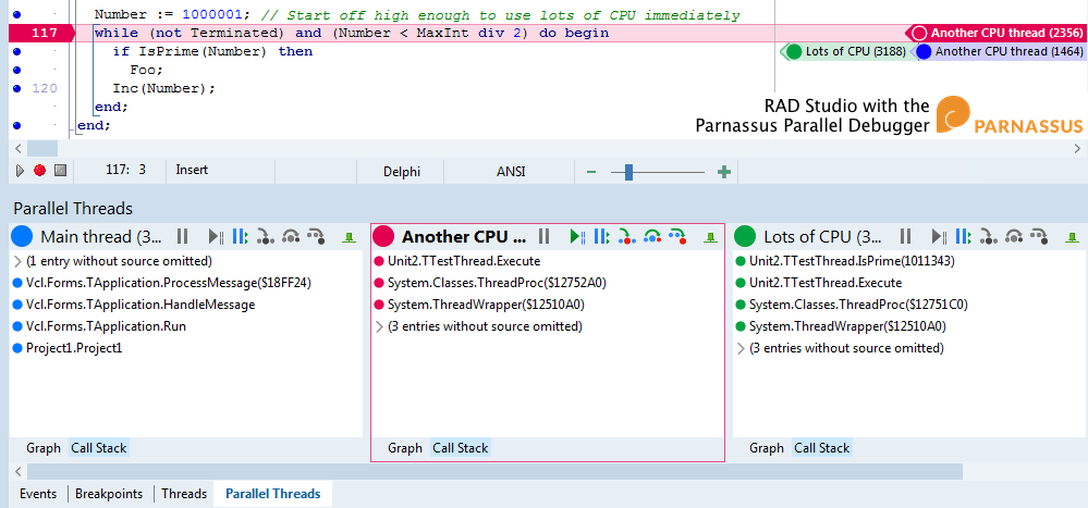 EmbarcaderoTech's tweet photo. New IDE Plugin: Parnassus Parallel Debugger. Advanced code editor markup, call stack UI, and multithreaded debugging tools β in this new plugin for RAD Studio now freely available in GetIt. Learn more: https://t.co/KGbCsFSR4i #RADStudioIDE #IDEPlugin #Parnassus https://t.co/u3o99xHZzN
