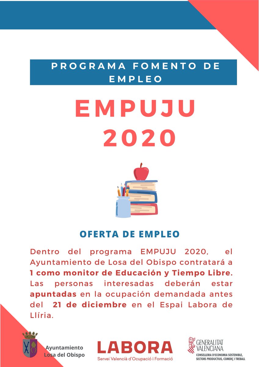 LosadelObispo's tweet image. Oferta de empleo: Monitor de Educación y Tiempo Libre dentro del programa de fomento de empleo EMPUJU 2020.
ow.ly/HYtG50CLR47
#LosadelObispo #programafomentodeempleo #EMPUJU #monitoreducaciónytiempolibre
