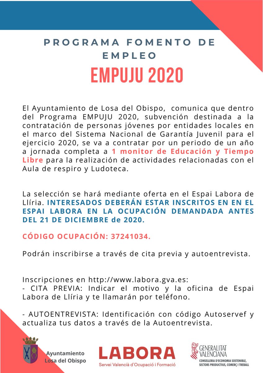 LosadelObispo's tweet image. Oferta de empleo: Monitor de Educación y Tiempo Libre dentro del programa de fomento de empleo EMPUJU 2020.
ow.ly/HYtG50CLR47
#LosadelObispo #programafomentodeempleo #EMPUJU #monitoreducaciónytiempolibre