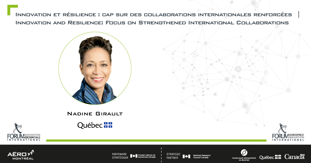 AeroMontreal's tweet photo. - @NadineGirault, @MRIF_Quebec se concentre sur des collaborations internationales renforcées. #AéroMTL #aérospatiale #SIAMTL2020 #MTL #QC @GouvQc https://t.co/ogzacMD72n