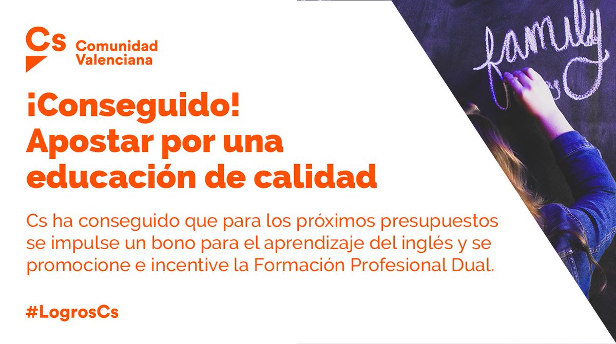 ✅ ¡Conseguido! 👍

🍊 Hemos logrado la creación de un bono para el aprendizaje del inglés entre nuestros jóvenes por valor de 1,5 millones de euros.
🍊 También se aumentará en 400.000 euros la línea de becas y ayudas para la promoción de la FP dual.

💪 #LogrosCs