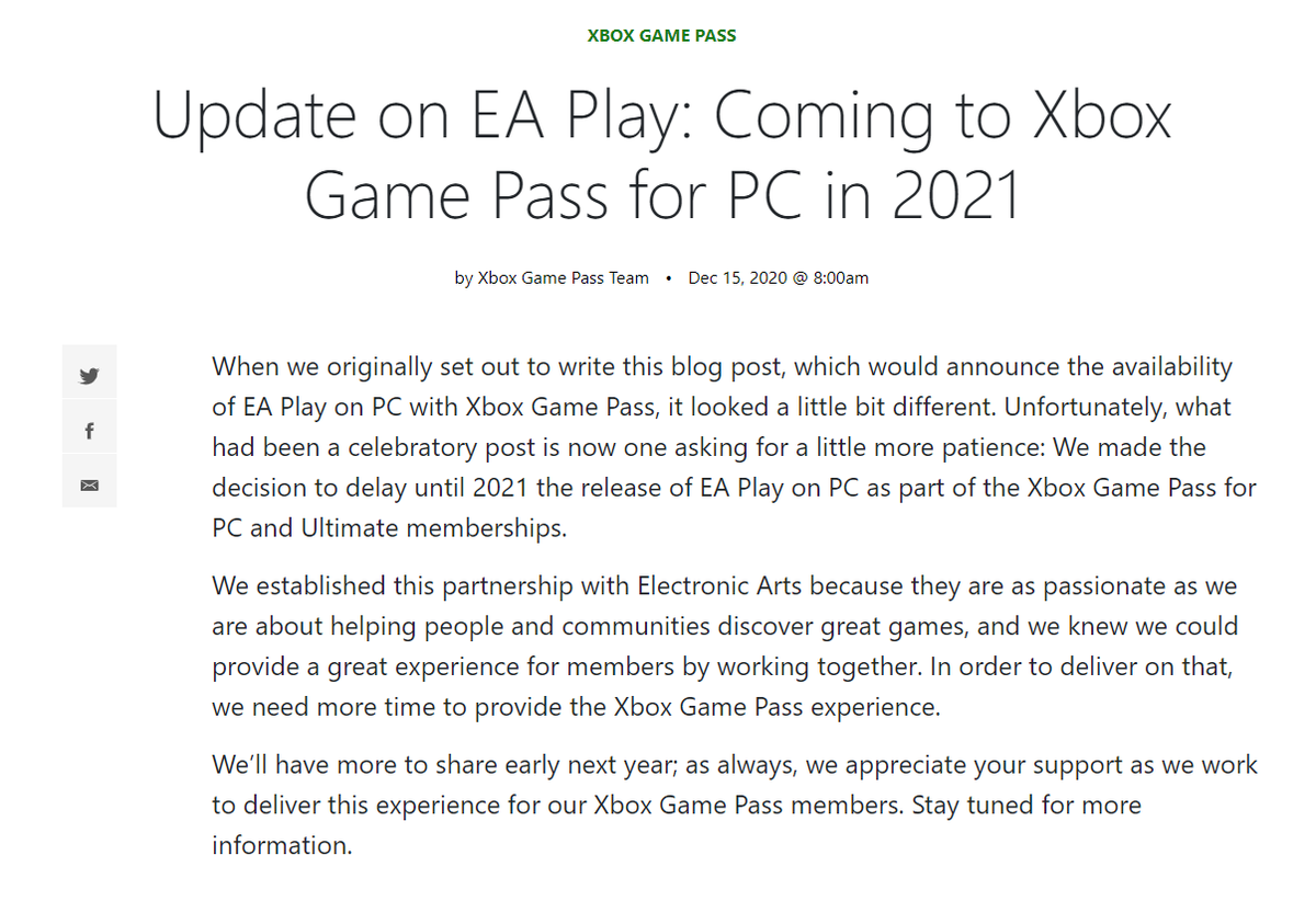 EA Play on Xbox Game Pass for PC Delayed to 2021