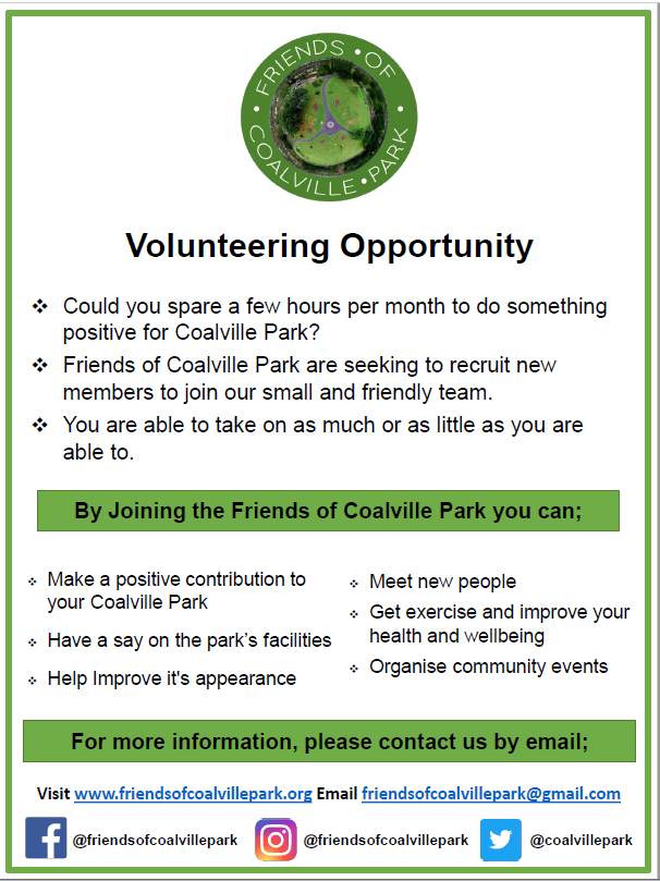 We’re working with the <a href="/CoalvillePark/">Friends Of Coalville Park</a> Community Group and they're looking for new members to join.

Sound like something you’d be interested in getting involved in?  

Find out more through the link 👇
friendsofcoalvillepark.org